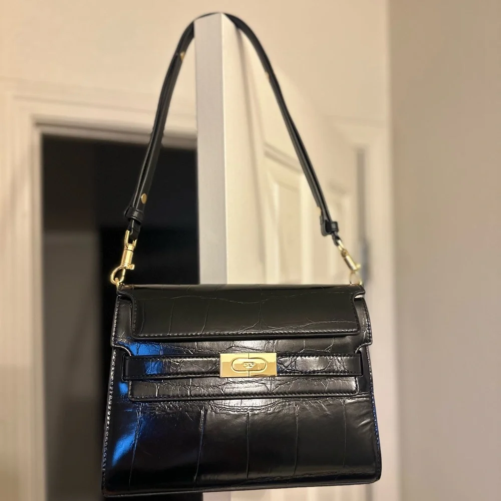 Tory Burch Lee Radziwill Shoulder Bag in Black Croc-Embossed Leather - Picture 7 of 16